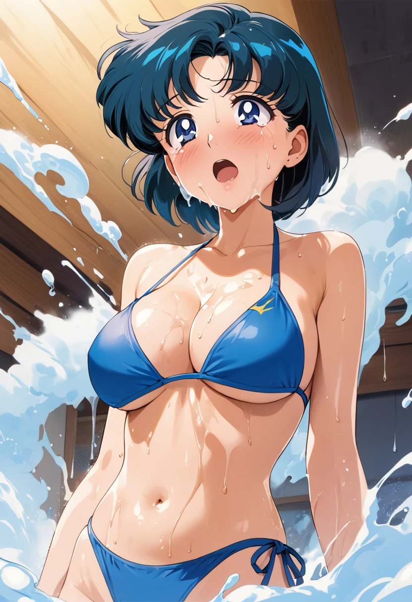 masterpiece, Highest quality, High resolution, (Mizuno Ami),1990s \(style\),Blue swimsuit、Blue Bikini,(C cup beautiful breasts),Sweating all over the body、vapor,Exposed nipples,exposed breasts,Hosomi、sexy、A face writhing in pleasure、The whole body is covered in sex fluids、Sweaty、Top-down composition、Crying face、Semen splattered on face、Anime-style painting style,Blue Hair、Shortcuts、Composition focusing on the upper body,Poolside background