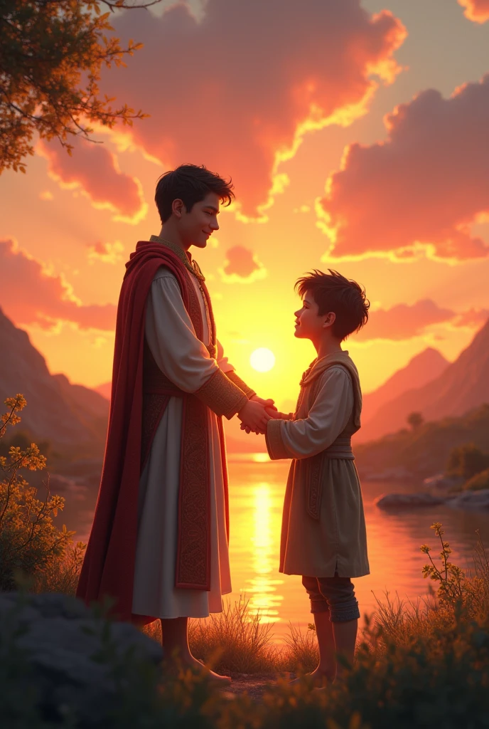 a handsome young prince and a usual villager boy, holding each other hand while enjoying the sunset