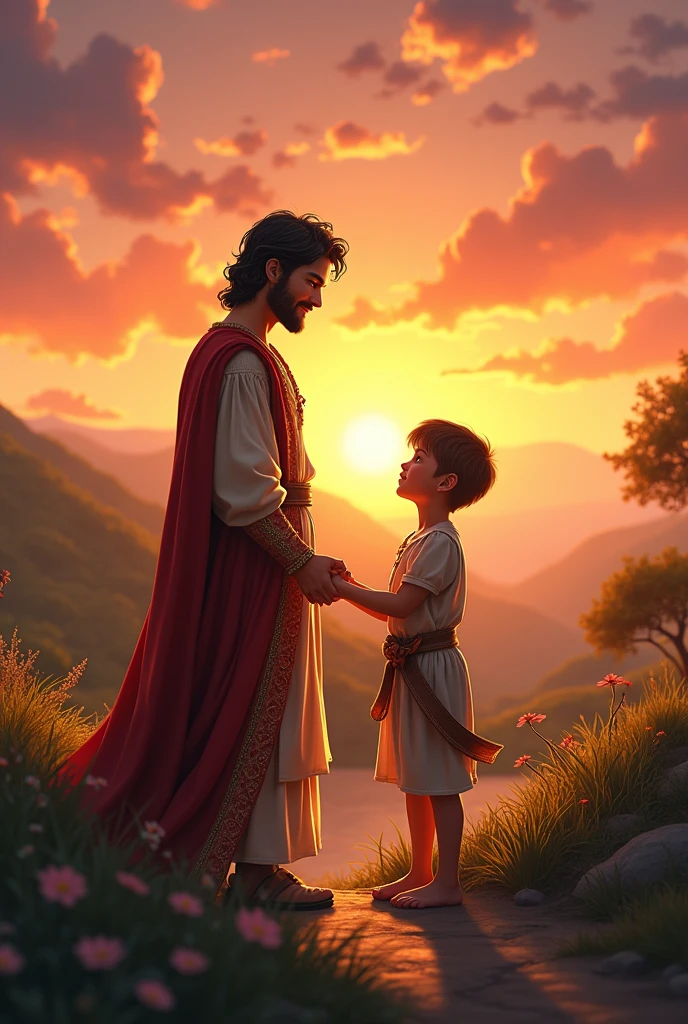 a handsome young prince and a usual villager boy, holding each other hand while enjoying the sunset