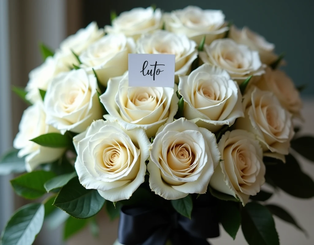 "An elegant bouquet of white roses, symbolizing mourning and respect. The roses are large and perfectly open, with pure white petals. They are arranged harmoniously, surrounded by soft green foliage that complements the simplicity and purity of the roses. The bouquet is tied with a black satin ribbon, which contrasts delicately with the white flowers. In the center of the bouquet, there is a small strip of paper, handwriting, with the word 'LUTO' in black letters, highlighting the message of condolence and reverence."
