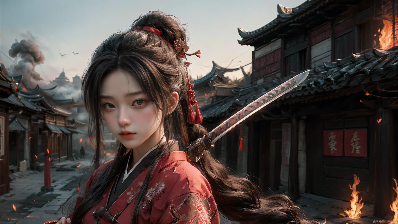 ((masterpiece, Top quality, high resolution, Reality, Raw, 8k wallpaper)), Hanfu female soldiers, Heroes of the Three Kingdoms, (hands holding sword), She has long black hair tied back, Wearing armor,Wearing a red official hat, Enemies all around,A burning city in the background,