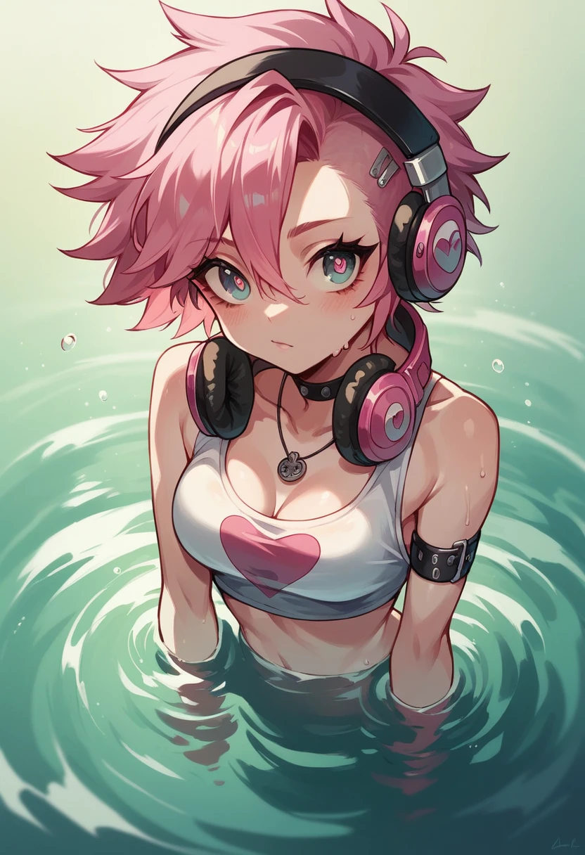 Woman with short pink hair, Big headphones, medium breasts, cute eyes, punk clothing, Waders