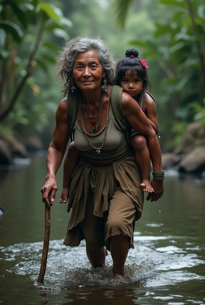 Photorealism 1.4 realistic realism high detailed definition Malaysia native aboriginal orang asli old women curly messy hair crossing river river stream dark skin weaver backpack smile faces jungle big river wearing loose shirt accessories on hair flower wearing sarong hold stick two people on her back river stream