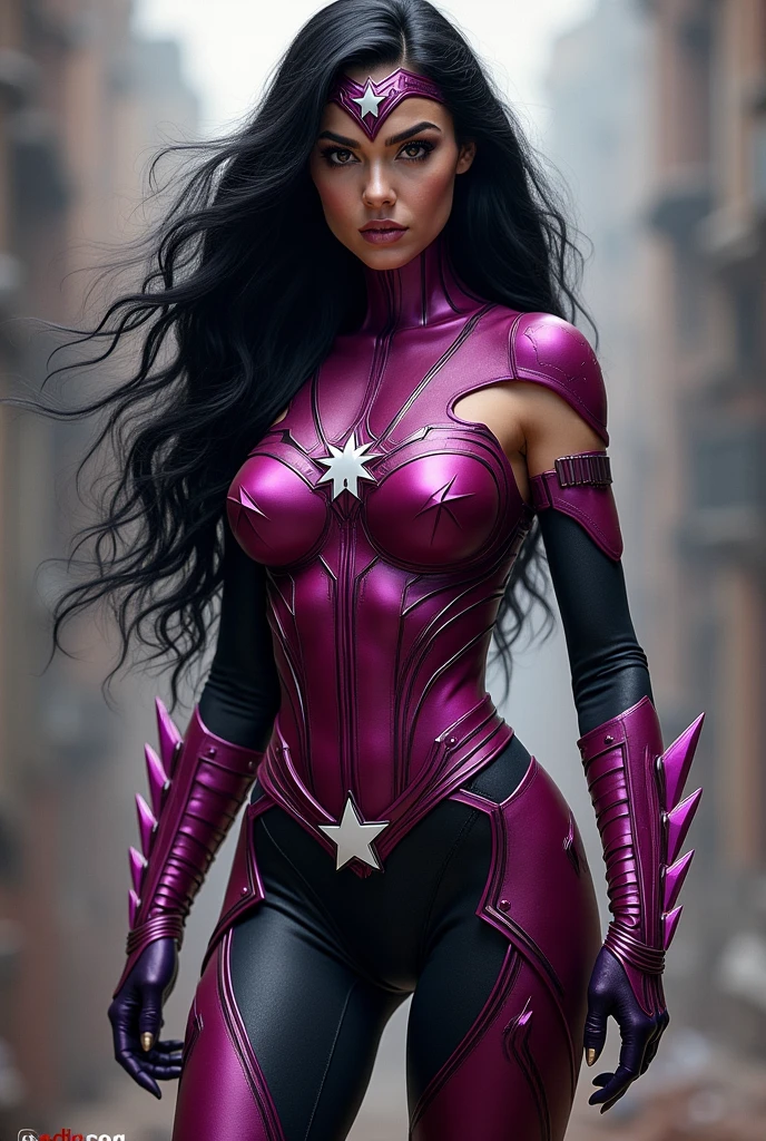 (((Fuchsia symbiote fused with Spiderman Wonder Woman))),(((A beautiful woman with long black hair under the mantle of the Amazon warrior Wonder Woman))),(((Ten-pointed white star on its abdomen))),(((Fuchsia Corset))),(((Long fuchsia boots up to her knees))),(((With Symbiote skin running all over his skin))) Fuchsia metal bracelets))),(((Simbionte Spiderman))),(((Ten-pointed white star on its abdomen))),(((Symbiote fused with Spiderman Wonder Woman)))