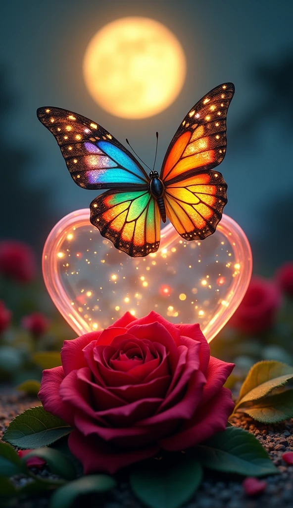 A captivating and eye catching image of a big colourful with golden sprinkle on wings sitting on a trans lucent heart filled with glow of love and warmth. The beautiful huge red rose with leaves lies before the heart The whole scene creates a mesmerising view in a dark night with a big full glowing yellow moon in the sky.