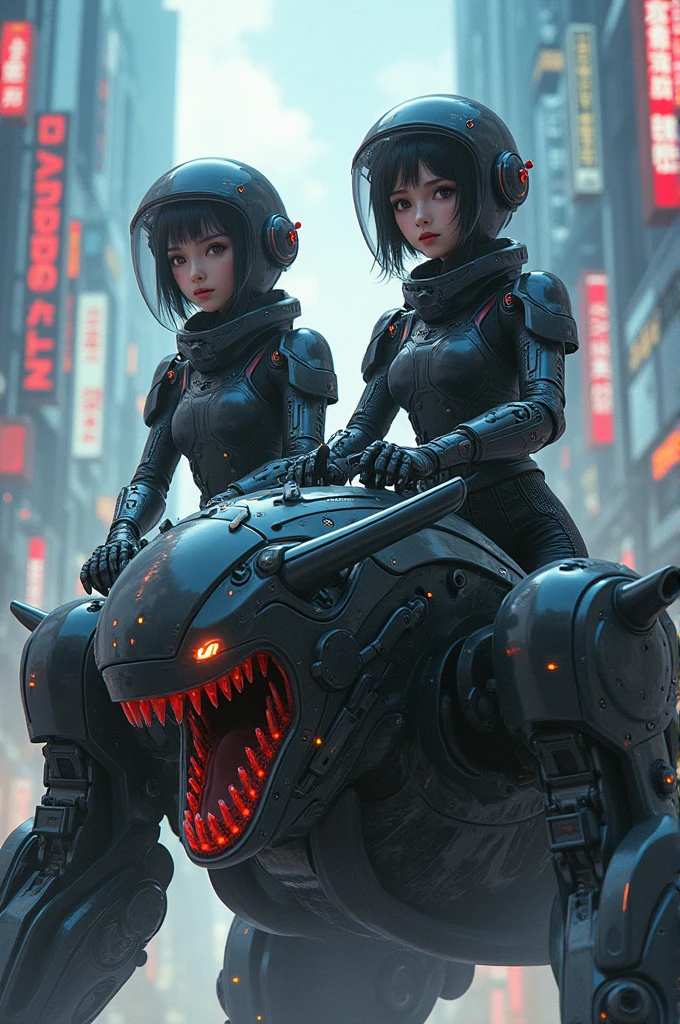 Highest image quality, outstanding details, ultra-high resolution, (realism: 1.4), the best illustration, favor details, highly condensed 2 man, with a delicate and beautiful face, dressed in a black and Silver mecha, wearing a mecha helmet, holding a directional controller, riding on a Mechanical monster, the background is a high-tech lighting scene of the future city.