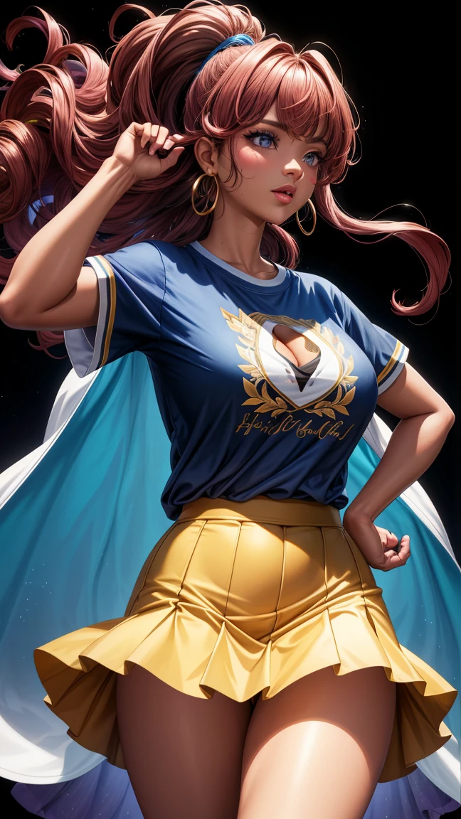 (Best Quality:1.5, High resolution, HD, 4k, detailed lighting, Shaders), floral curly hair, ombre hair, big breasts, lasts, T-shirt, social shirt, short skirt, mature woman , (to throw), White background, colorful eye shadow, dramatic lighting, sparkling eyes, sensual expression, golden earrings, flowing hair, delicate facial features, Dark skin, high cheekbones, urban setting, Black background, don&#39;t look for the camera, forward lean, behind the camera
