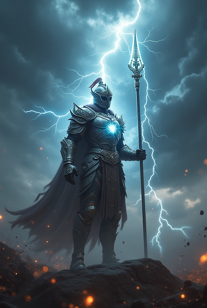 Thunderous Defender: "A warrior blessed by Lord Indra, the god of thunder and war. He stands on a stormy battlefield, his armor crackling with lightning. His helmet is adorned with the symbol of Indra's Vajra (thunderbolt), and he wields a spear that channels the power of the storm. The sky is dark, filled with swirling clouds, and bolts of lightning strike in the distance as the warrior charges into battle, his eyes glowing with divine determination."