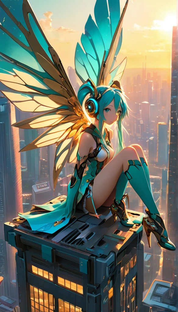 Masterpiece, a beautiful elf girl with large mechanical wings on her back, sitting on the top of skyscrapers in large forest, evening sun Illuminate her face, Hatsune Miku,