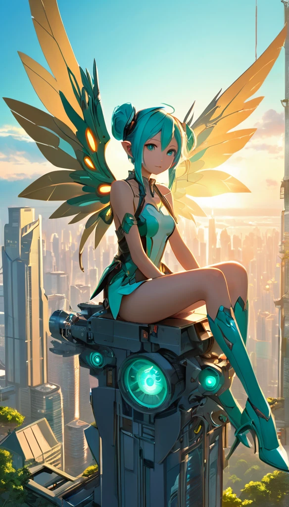 Masterpiece, a beautiful elf girl with large mechanical wings on her back, sitting on the top of skyscrapers in large forest, evening sun Illuminate her face, Hatsune Miku,