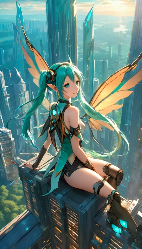 Masterpiece, a beautiful elf girl with large mechanical wings on her back, sitting on the top of skyscrapers in large forest, evening sun Illuminate her face, Hatsune Miku,