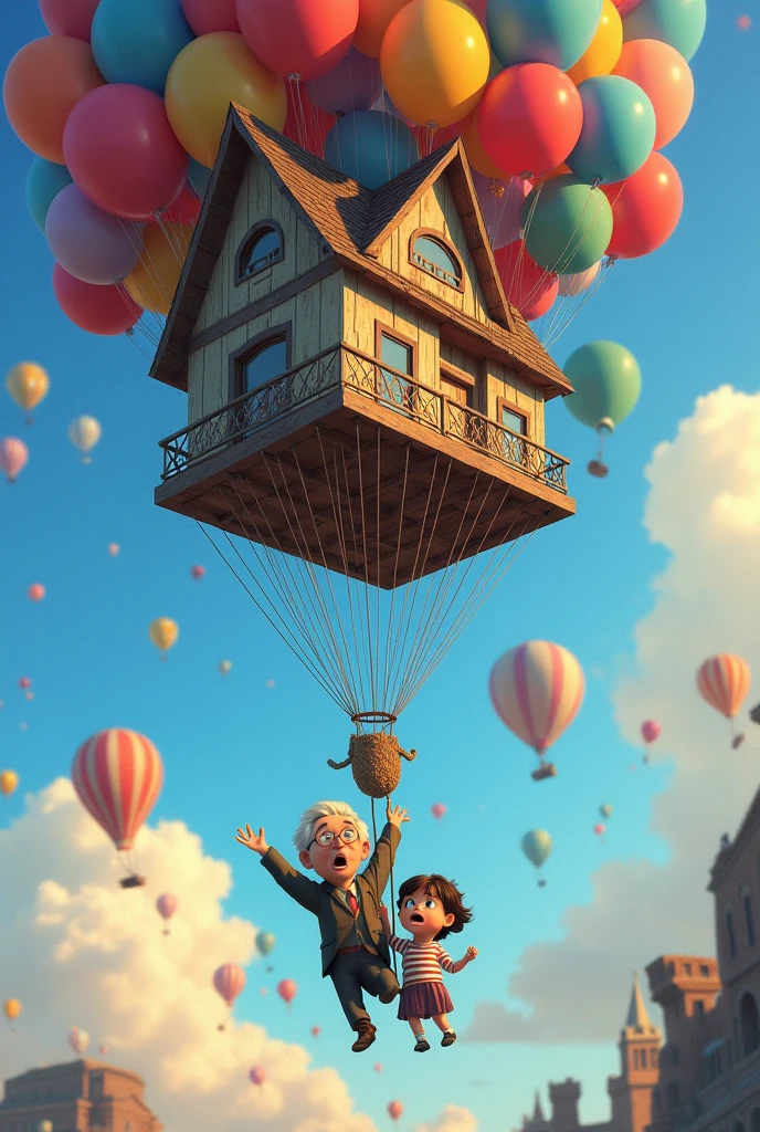 Make me a picture of the house from Up with the characters from the movie falling and holding on to the rope in the foreground