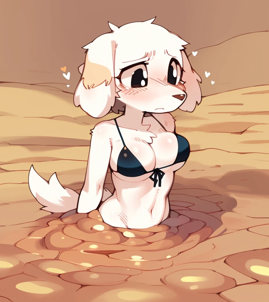 furry, fur, tail, anthro female, female furry, by wamudraws, detailed fur, best quality, HD, 1girl, solo, sexy breasts, borzoi girl, dog girl, sinking, quicksand, Desert, sexy, sad, blush, partially submerged, upper body, bubbles, black eyes, standing, black bikini