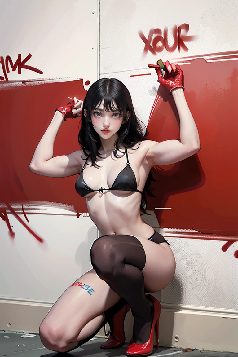 ((masterpiece, high quality, 最high quality, 8k, wallpaper, detailed, Realistic)), One girl, Korean Pop Stars, Knee socks, Red High Heels, Black Micro Bikini, Thin long legs, Long Black Hair, Clean hands, fringe, whole body, Simple red background, Large Breasts, Small waist (Graffiti wall:1.2), Muscular, strong, Courageous