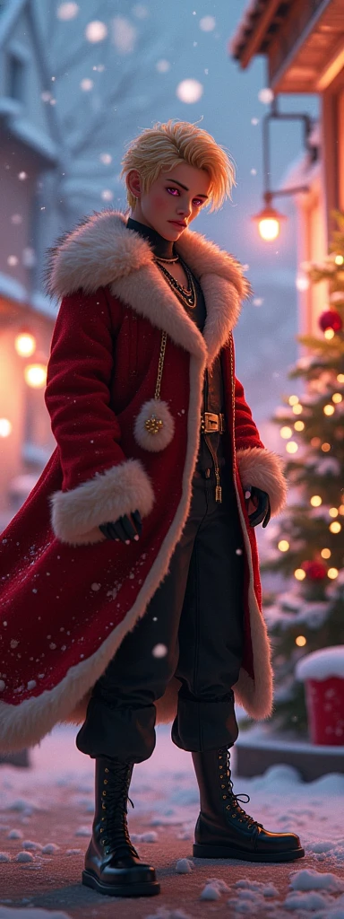 (Extremely detailed eyes), (((Textile Shading))), (((best quality))), (((On the table))), (((Ultra-detailed CG))), fashionable man, (((Amazing man))), Blonde Hair, Blonde Hair, Blonde Hair, Poster emo, ((Gorgeous hair)), Pink Eyes, (((Christmas dress, red and white Christmas dresses, y2k Christmas Dress Up))), ((Strike a pose)), (((Game CG)) (Gorgeous, fashionable, Daughter of Itti), Fine jewelry, Sparkling sky, Amsterdam Light Festival snowy skies, Christmas atmosphere, Snowfall, snowman, Light up Christmas, Christmas tree, Rich atmosphere of Amsterdam Light Festival, Cowboy shooting, Mid-shot, Center image, Staring at the camera, night
