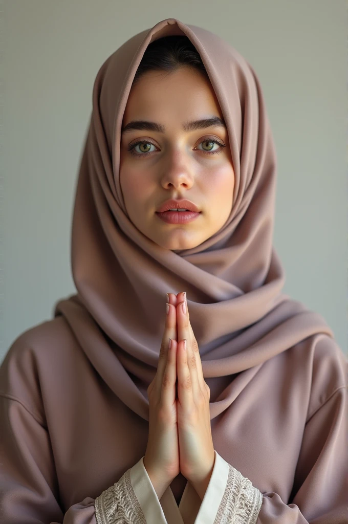 Beautiful eyes and full hijab pink lips namaz padhti Hui ek ladki ki photo create karo