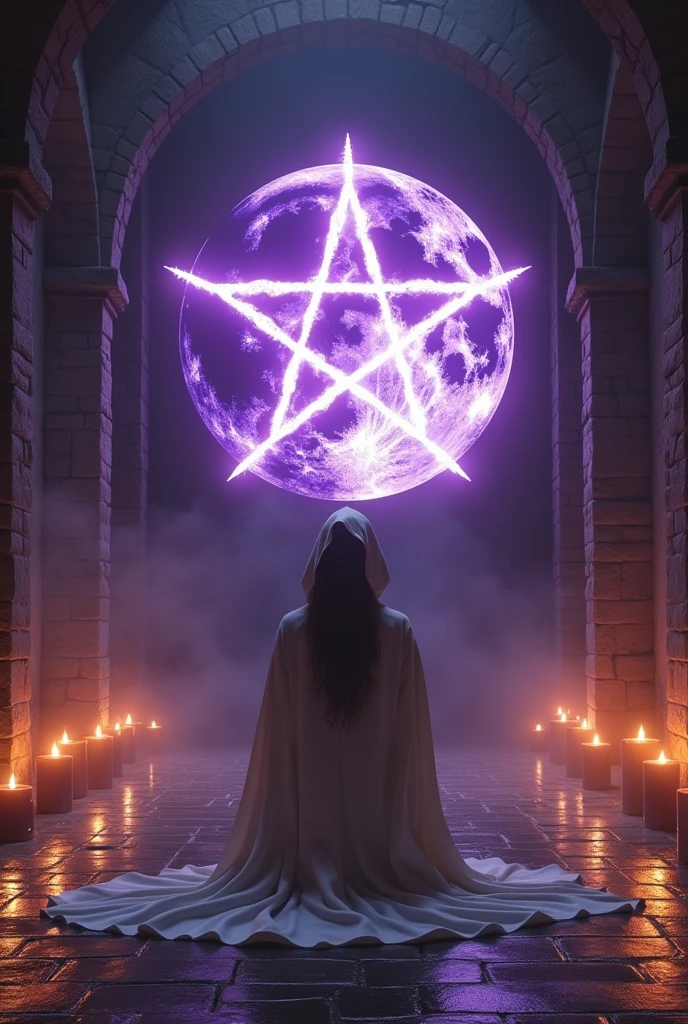 (priestess) A person kneeling and covered by a hooded cloak, (White cloack, white hood) the person is surrounded by candles and looking at a wall, (medieval wall, purple glowing magic symbol, Lunar magic with pentagram). ((From coasts pro observer)). (8k_wallpaper, HD)
