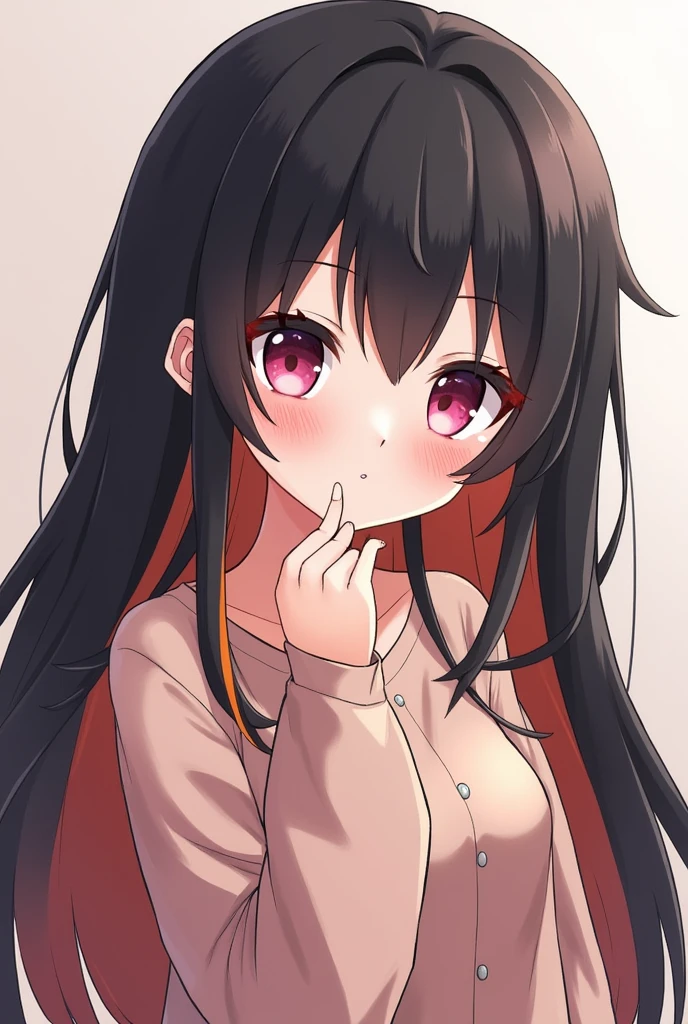 Long black hair girl with orange tips pink eyes normal skin color without clothes and posing and waifu