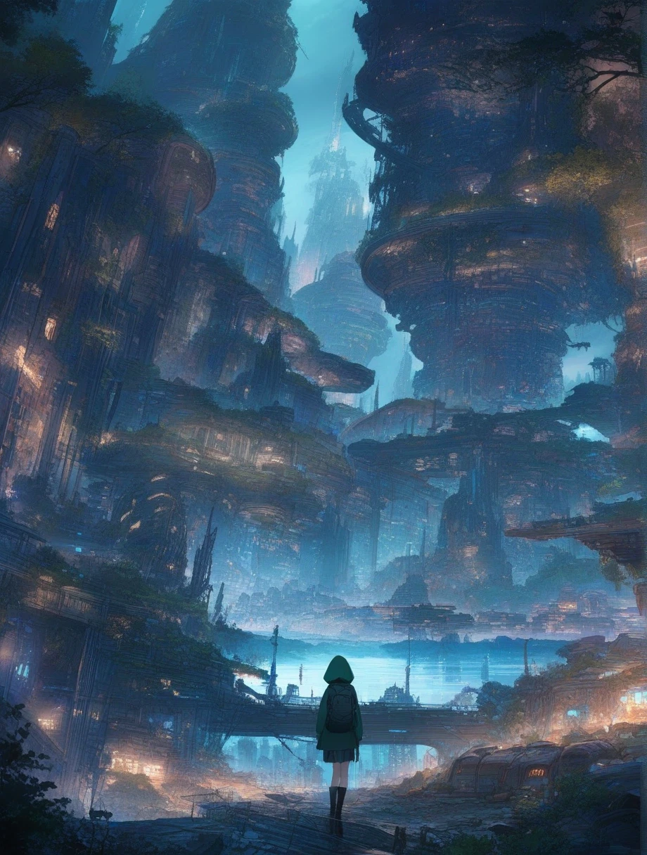 score_9, score_8_up, score_7_up, score_anime, masterpiece, best quality, delicate illustration, sharp line, sharp focus, BREAK,Traveler girl wandering in the ruins of endless night, the girl is wearing a hood, a lot of baggage in her backpack.,Night, future city, fantastic landscape, beautiful scenery, harmony with nature, spectacular view, machine city,((dark))