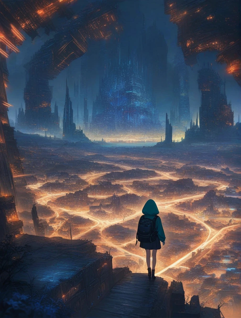 score_9, score_8_up, score_7_up, score_anime, masterpiece, best quality, delicate illustration, sharp line, sharp focus, BREAK,Traveler girl wandering in the ruins of endless night, the girl is wearing a hood, a lot of baggage in her backpack.,Night, future city, fantastic landscape, beautiful scenery, harmony with nature, spectacular view, machine city,((dark))