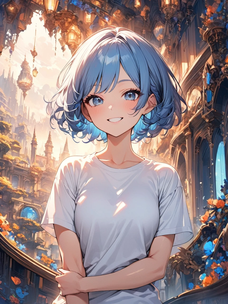 of the highest quality, of the highest quality, 16k, incredibly absurd, Very detailed, 2.5D, delicate and dynamic,women,22 years,chest,elegance,shiny hair,smile,beautiful, short hair, by white,high,great,detailed background,Front view,whole body,White T-shirt,t-shirt,White T-shirt 