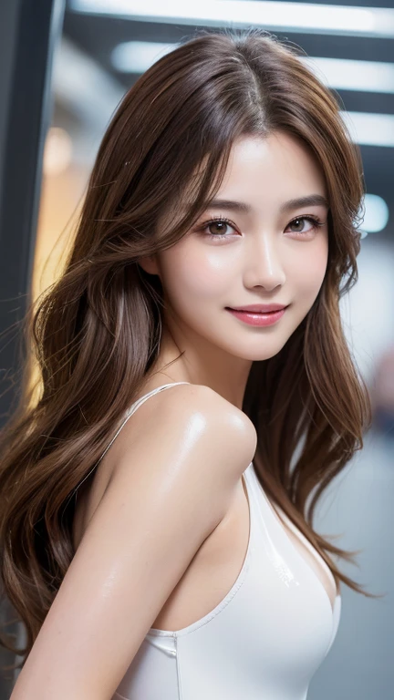 ((Highest quality、8k、masterpiece:1.3))、Selfie、Beautiful woman with perfect figure:1.4、(Brown long hair、Normal chest:1.3)、(Very detailed face and skin texture、Detailed eyes、double eyelid、Laughter:1.5、Whole Body Ezbian、sacrifice、On the street、night、Latex bodysuit、Knee-high boots、Huge 、Long brown hair、Shiny, Oily skin、Glowing Skin、Indoor competition pool、White skin、flying debris, Highest quality, Realistic, Very detailed, finely, High resolution, 8K Dende wallpaper, One beautiful woman,, Light brown messy hair, Wear a business suit, Sharp focus, Perfect dynamic composition, Beautiful and detailed, Detailed Hair, Detailed Realistic skin texture, smile, Close-up portrait, Model body type