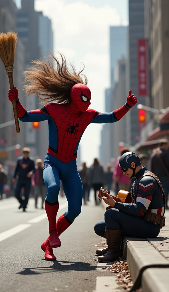 (Spider-Man big hair dance in pedestrian with a broom on his hand as like guitar), and (Captain America sitting beside the road and playing accoustic guitar), hyperrealistic