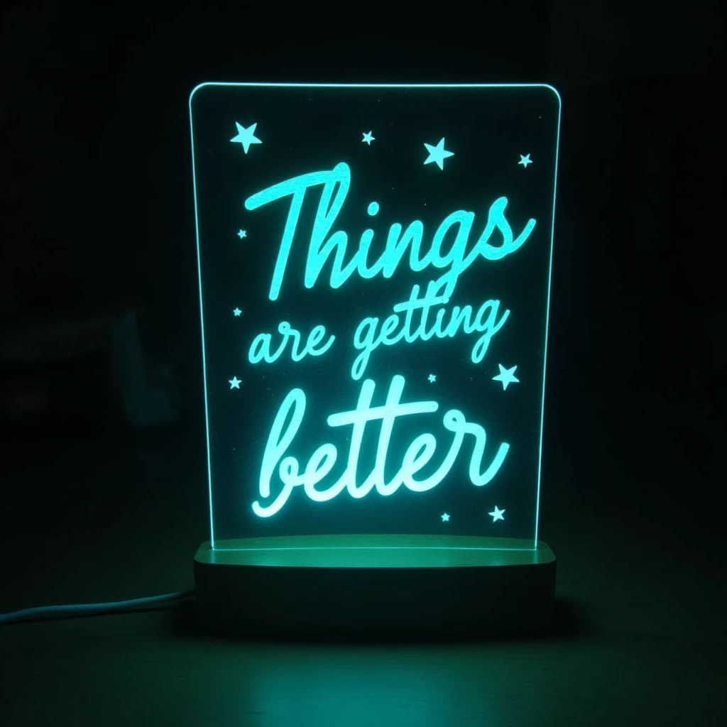 The quote "Things are getting better.", and some stars, in one LED Night Light on Acrylic, turquoise color, on a table at night