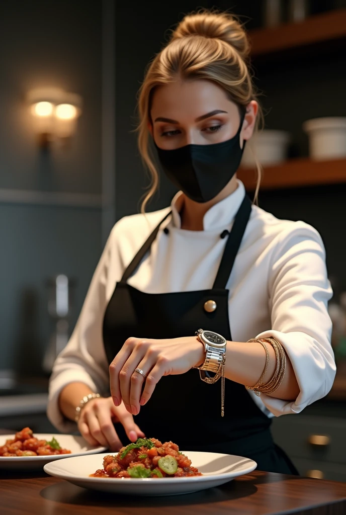 A beautiful lady cooker wear black mask in his face and watch in left hand and bangles in two handcooking logo