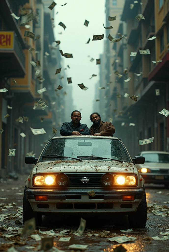 Nissan Tercel with bass sound with details of drug traffickers and money falling from the sky