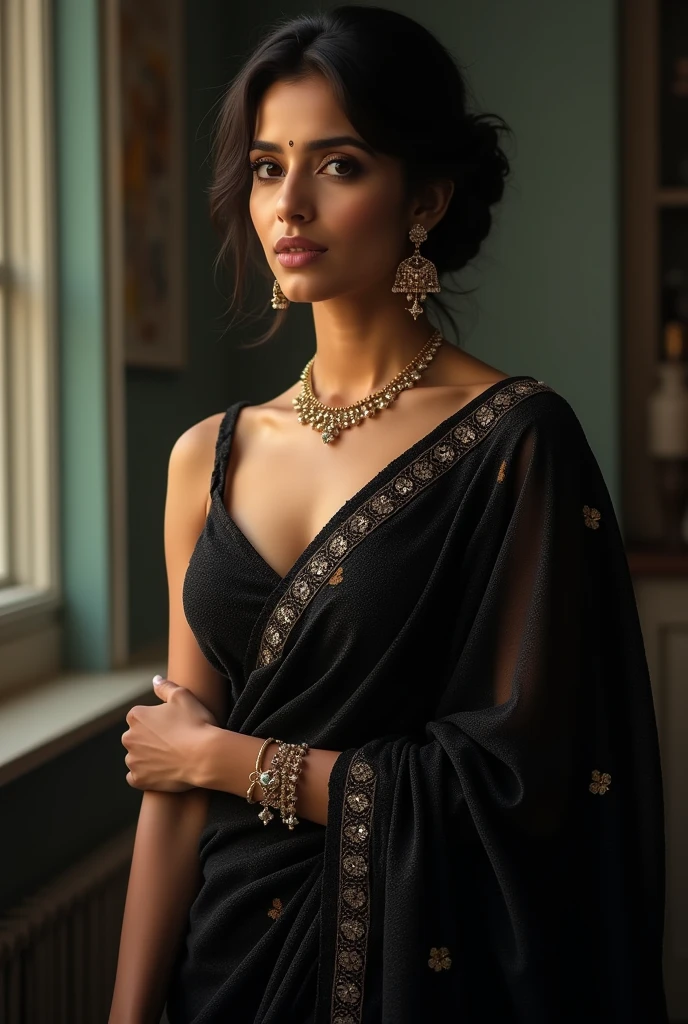 An indian lady in deep cleavage black saree
