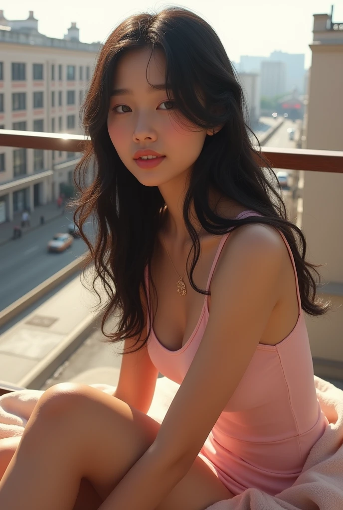 Real、Realistic、超Realistic、超Real、A young woman is sitting on a balcony。She has long black hair、The hair is wavy。She was wearing a pale pink sleeveless top.、Her soft expression and slightly parted lips are characteristic。In the background you can see buildings and roads.、The sky is clear。Natural light gives the space a warm and soft feel.。