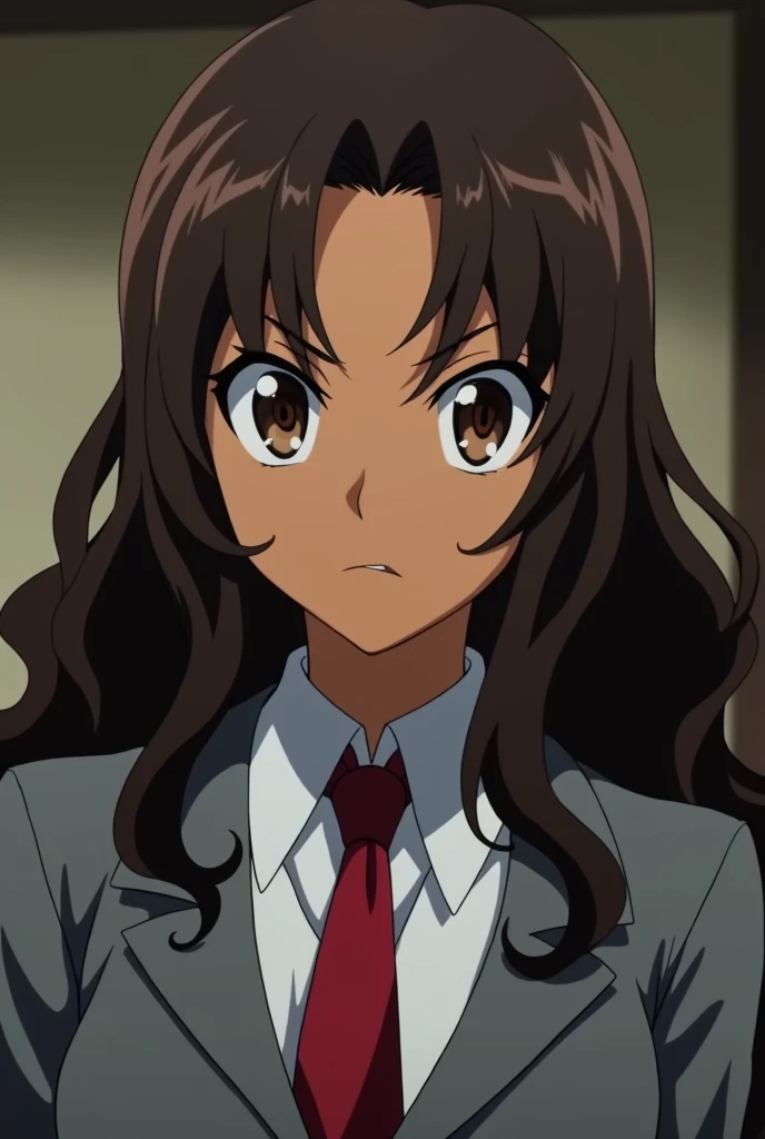 boku no hero screenshot, beautiful woman, dark brown skin tone, long wavy dark brown hair, oval face shape,slanted eyes, dark eyes, serious expression on the face,uniform gray coat red tie, 