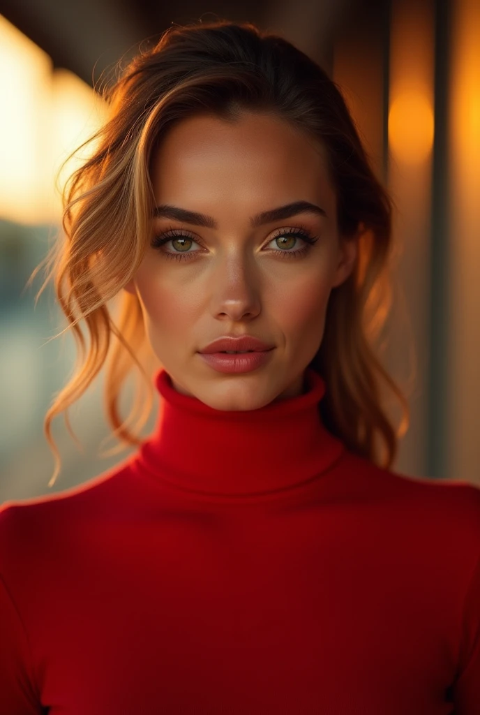 Glamorous photography of a woman, head shot portrait, scarlet turtleneck sweater, golden hour, digital colors, realistic texture, finely detailed