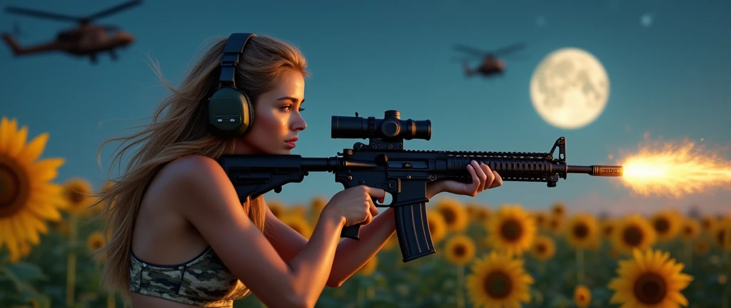 Realistic、Photorealistic、Realistic skin texture、Photo quality、high resolution、High definition、Beautiful arabian girl、The upper body is wearing a camouflage bra top.、Youthful Looking Face、Large Breasts、Blue Eyes、Aiming an M4 automatic rifle、Shooting a realistic sniper rifle、Blond medium-long hair fluttering in the wind、Wearing a walkie-talkie headset、Young face、Three military helicopters are flying in the sky.、The background is a field of sunflowers、Sunflowers continue to the horizon、The view is blue sky、The person is a full-body angle、Watching the audience、facing towards the cameraman