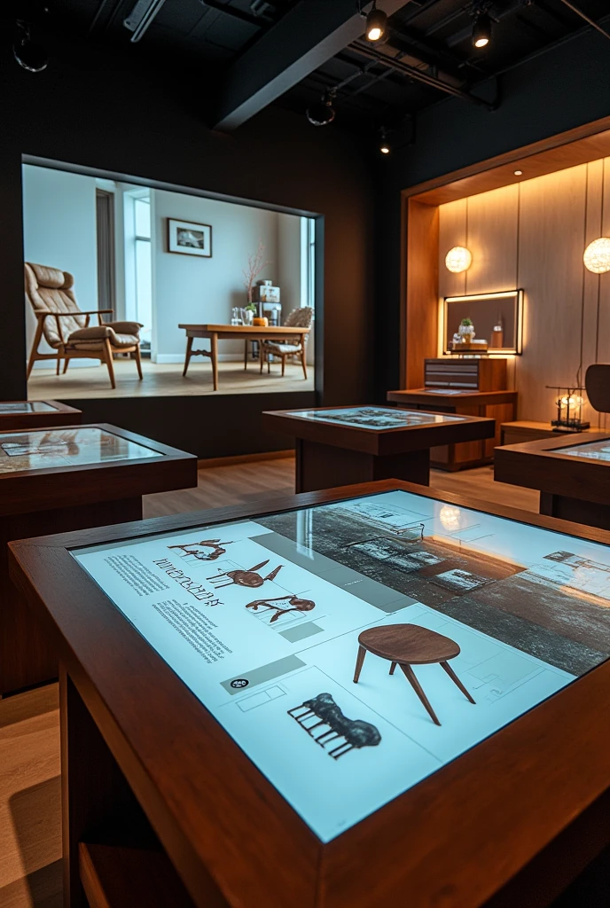 Digital Screens and Visual Elements:

Interactive Screens: Installation of digital touch screens that allow customers to explore catalogs, customize their orders, and see examples of furniture configurations in different styles and environments.
Creation Process Visualization: A monitor that projects looped videos of the artisanal manufacturing process, from the selection of the wood to the application of the epoxy resin, to convey the authenticity and dedication behind each piece.