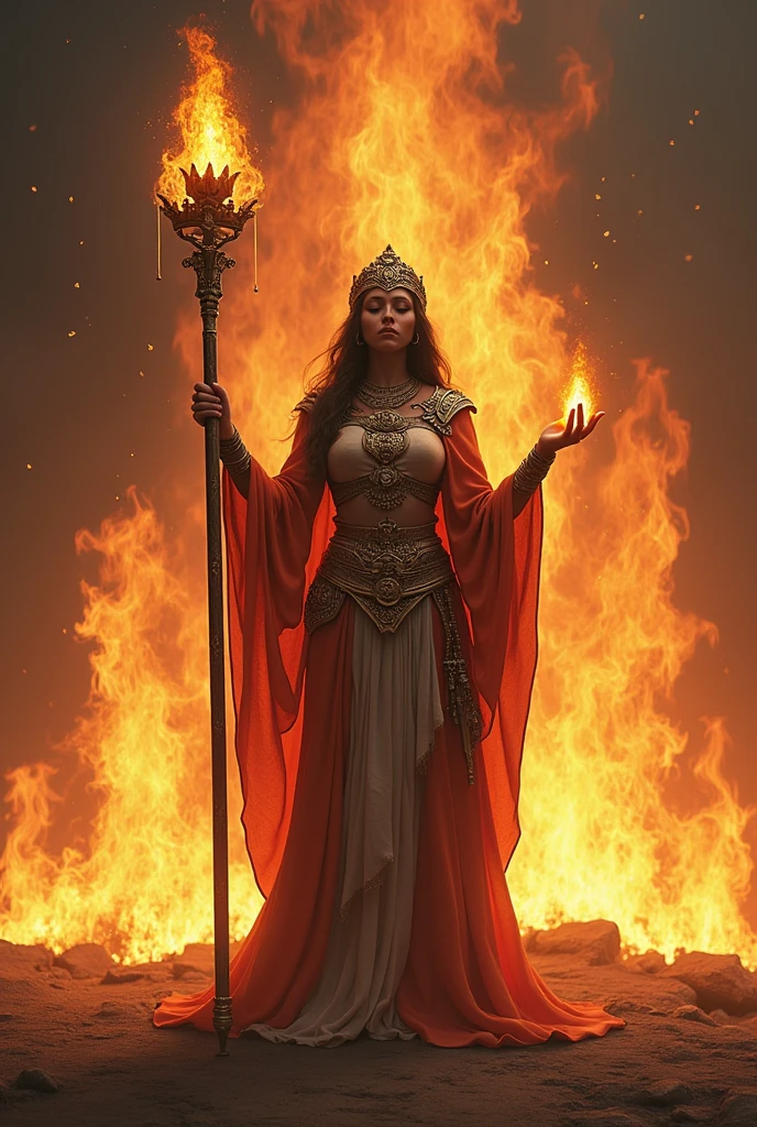 Guardian of the Eternal Flame: "A warrior priestess standing before a sacred fire, representing the eternal flame of knowledge and power in Hinduism. She is dressed in a combination of armor and traditional priestess robes, with a crown symbolizing wisdom and divinity. Her eyes are closed in deep meditation, and around her, the flames form the images of deities like Agni, Saraswati, and Ganesha. In her hand, she holds a staff topped with a glowing crystal, symbolizing her connection to divine knowledge."