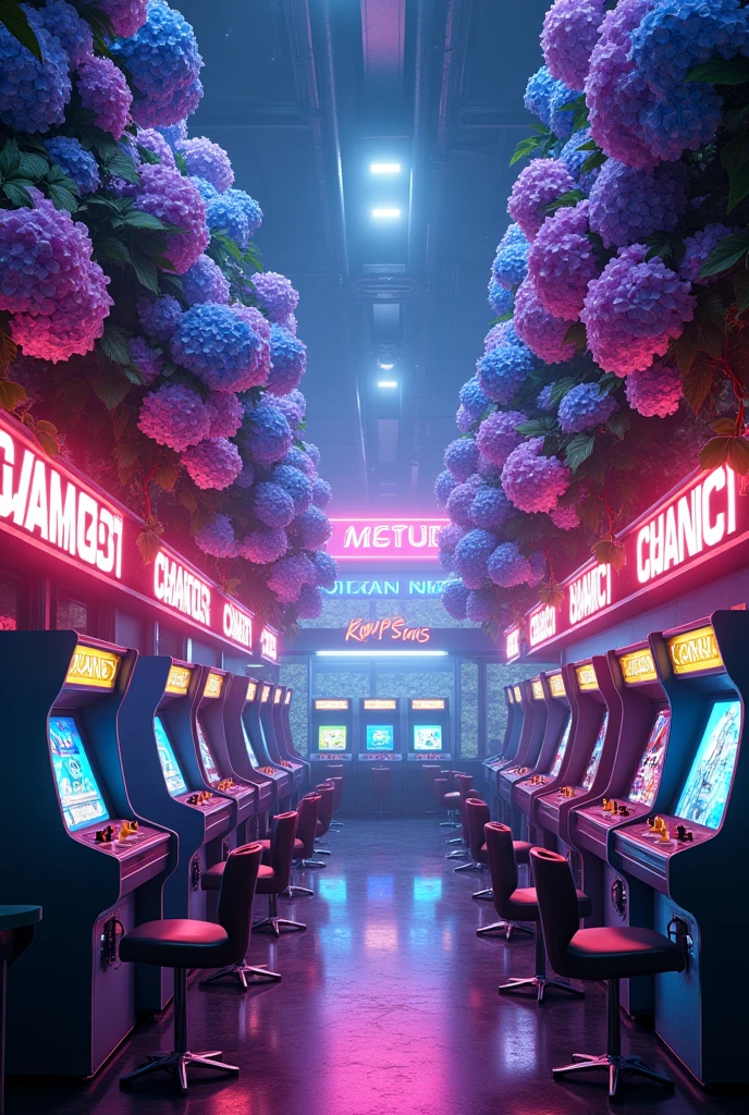 Hydrangea background, neon, video game arcade, cyberpunk, retro
