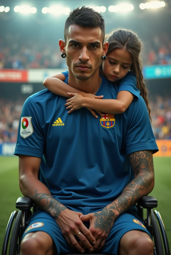 Javier, twenty-five years old, thin body, tattoo on his arms, black expanders or piercings in your earssitting in a wheelchair, disabled, soccer team fan with blue uniform, in the background a stadium with people holding his name on banners, while he is dressed with all the accessories of a soccer fan, next to him his daughter, Sara, who is , sad look because she knows that her father is going to die
Facing the camera from the front to tell his story, short hair, enlarged image, clear setting, no animation,
