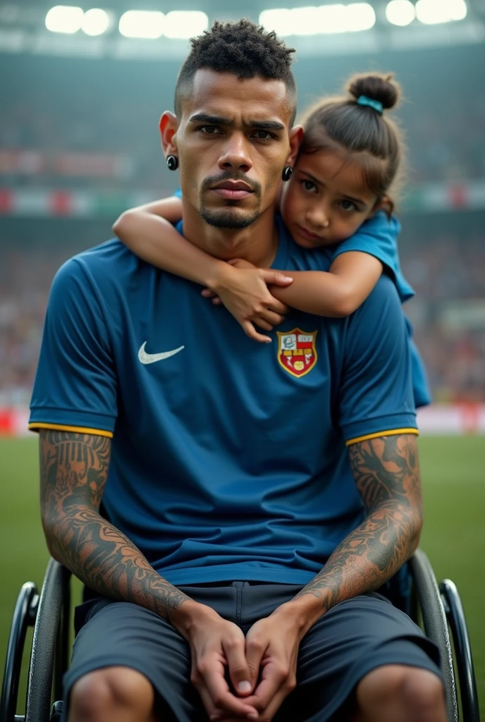 Javier, twenty-five years old, thin body, tattoo on his arms, black expanders or piercings in your earssitting in a wheelchair, disabled, soccer team fan with blue uniform, in the background a stadium with people holding his name on banners, while he is dressed with all the accessories of a soccer fan, next to him his daughter, Sara, who is , sad look because she knows that her father is going to die
Facing the camera from the front to tell his story, short hair, enlarged image, clear setting, no animation,