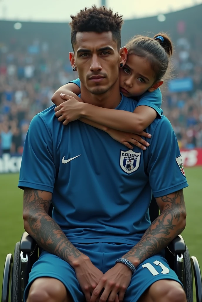 Javier, twenty-five years old, thin body, tattoo on his arms, black expanders or piercings in your earssitting in a wheelchair, disabled, soccer team fan with blue uniform, in the background a stadium with people holding his name on banners, while he is dressed with all the accessories of a soccer fan, next to him his daughter, Sara, who is , sad look because she knows that her father is going to die
Facing the camera from the front to tell his story, short hair, enlarged image, clear setting, no animation,
