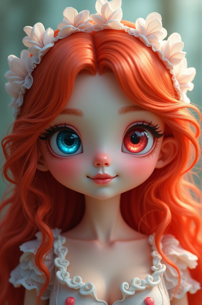  cute with bright red hair and blue right eye and red left eye making a heart with one with red eyes and white hair