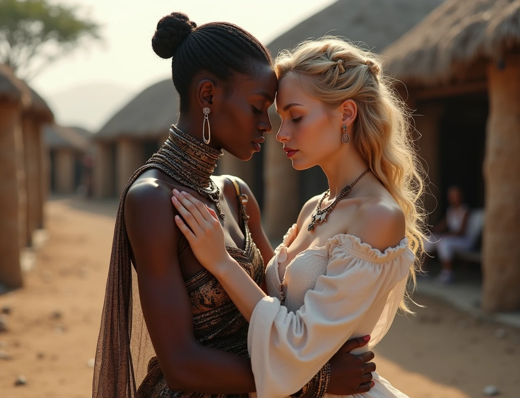 blond girl with a white complexion is sitting next to himba teenage woman, in a village, futuristic himba teenage girl, futuristic himba young woman, himba woman is holding and disrobing blond girl, lesbian embrace, beautiful futuristic himba woman, himba, two beautiful women in love, himba hairstyle, varying ethnicities, lesbian, beautiful, beautiful girls, absolutely outstanding image, beautiful women, masterpiece, photorealistic, detailed portrait, high quality, realistic, intricate details, warm lighting, soft focus, dramatic lighting, oil painting, renaissance style, (there is a wormhole to Europe in the background), different face types and shapes, different (lip, cheeks, jaws, hair color, nose, eyes) types, full body shot,
