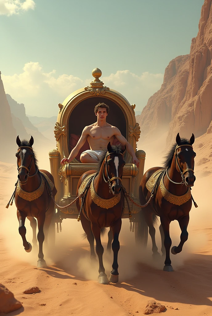 A young skinny prince white skin handsome handsome shirtless in a Roman carriage with 4 horses in the desert 