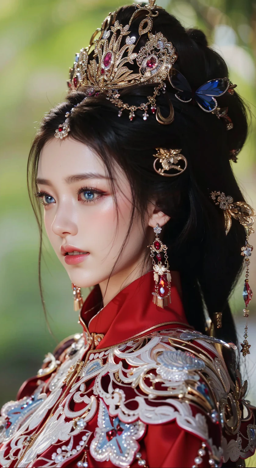 Game Art，Best image quality，Maximum resolution，8K，(A bust photo)，(portrait)，(Head close-up)，(Rule of Thirds)，Unreal Engine 5 rendering works，20 year old girl，((Queen))，The eyes are very detailed，(Large Breasts)，Elegance and nobility，Light，Light线追踪，Game CG，((3D Unreal Engine))，OC rendering reflection mode，4K，Ultra-clear，Sensual，Translucent lace，Fair and plump figure，Pretty Face，Light泽凝胶涂层，身着华贵礼服的Queen，Crystal Gem Crown，Necklace jewelry，blue eyes，The tattoo is very three-dimensional，Gorgeous and intricate tattoo designs，Ultra-clear portrait，Sexy body，Temple Princess，Swarovski crystal diamond，Heart of the Universe Gem，Delicate facial makeup，The ultimate in luxury，Cleopatra wearing gold jewelry，Chinese Hanfu Wedding Dress