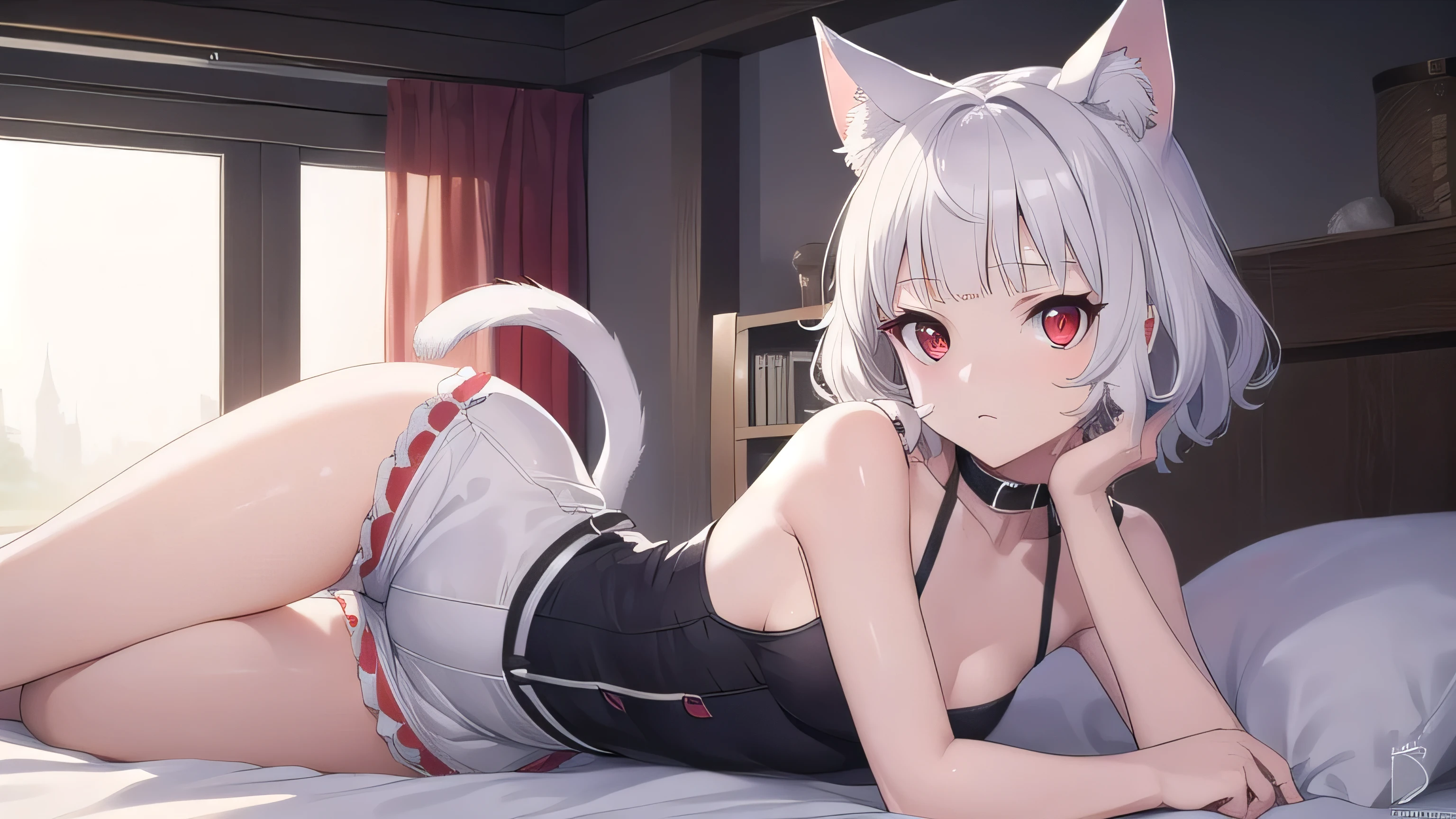 neferpitou, short hair, (red eyes:1.5), full body , dress, animal ears, white hair, shorts, cat ears, cat tail, curly hair, (small breast:1.2), BREAK looking at viewer, BREAK outside, BREAK (masterpiece:1.2), best quality, high resolution, unity 8k wallpaper, (illustration:0.8), (beautiful detailed eyes:1.6), extremely detailed face, perfect lighting, extremely detailed CG, (perfect hands, perfect anatomy) , sexy pose , pussy , open leg