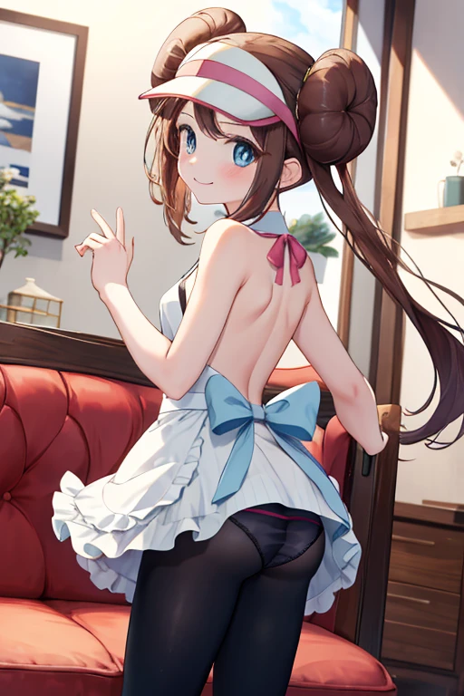 apron, sofa, (Raise one hand), heart, yo, back, smile, 美しいback,, Small breasts, masterpiece, highest quality, High resolution, ro1, Hair Bun, Blue eyes, Twin tails, Visor Cap, pantyhose, NUDE, Black Stockings, Ruffled Panties