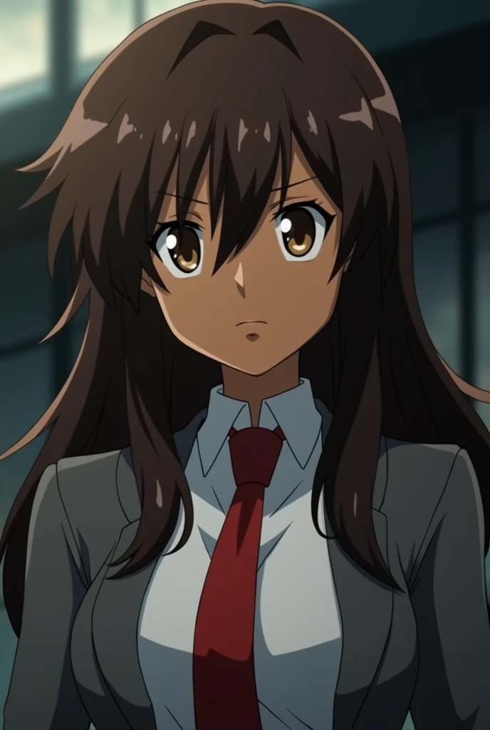 boku no hero screenshot, beautiful woman, dark brown skin tone, long wavy dark brown hair, oval face shape,slanted eyes, dark eyes, serious expression on the face,uniform gray coat red tie,