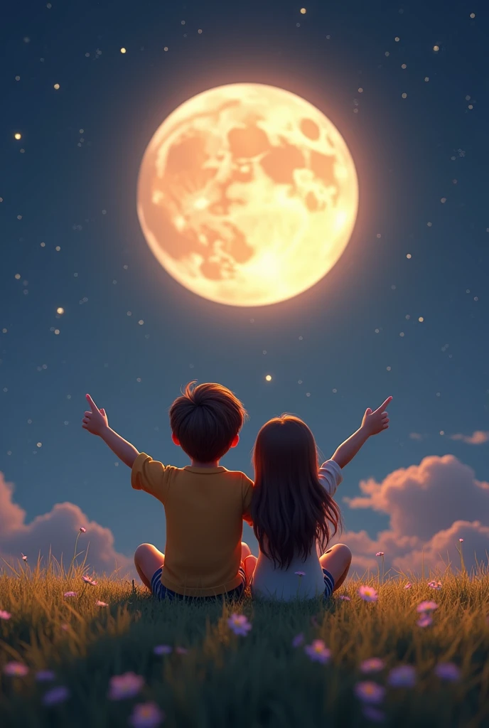 I created a Disney 3D style image, a new couple, A boy and a , sitting on the grass and facing away, pointing to the beautiful full moon. They are passionate.