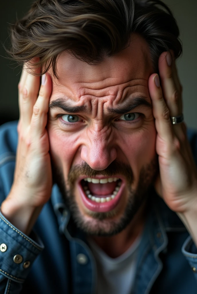 an image of a man with his hands to his ear as if he were deaf, distressed with an expression of astonishment on his face, show his face closer